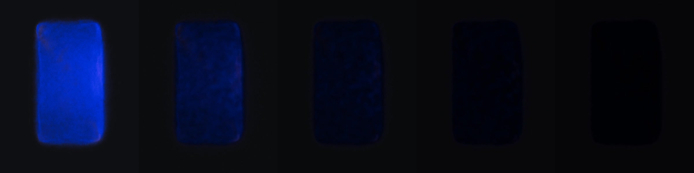 Five stills from Residual Light by Avery Lake, showing a blue afterimage decaying from full luminance to black.